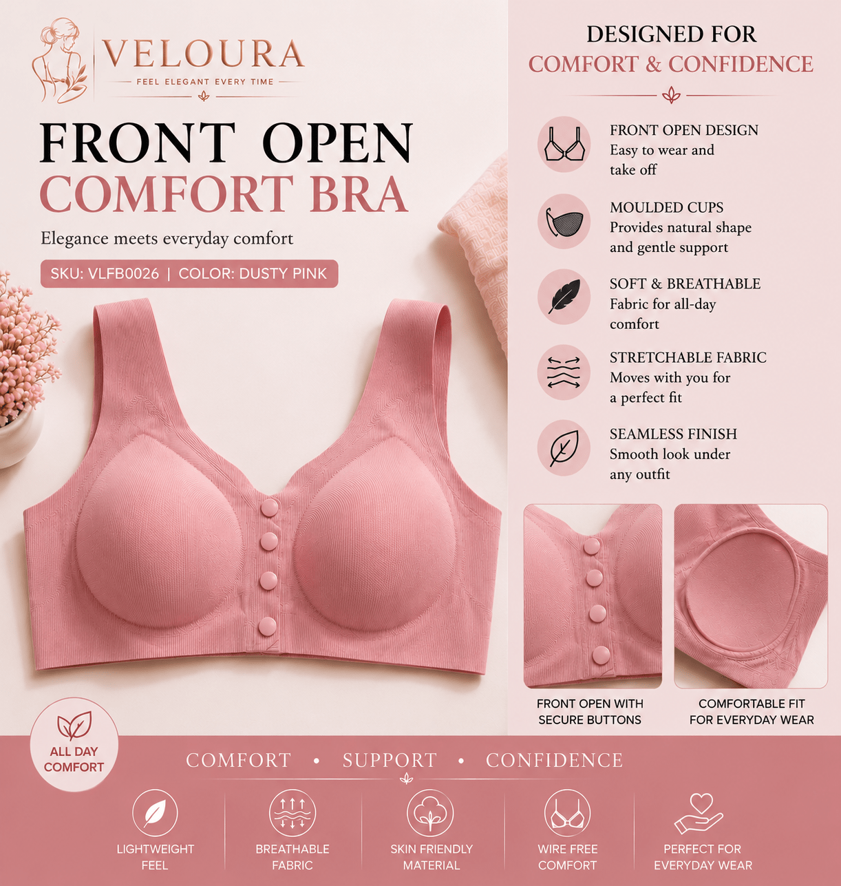Veloura Front Open Bra – Dusty Pink | Seamless Everyday Support & Ultra Soft Fit - VELOURA