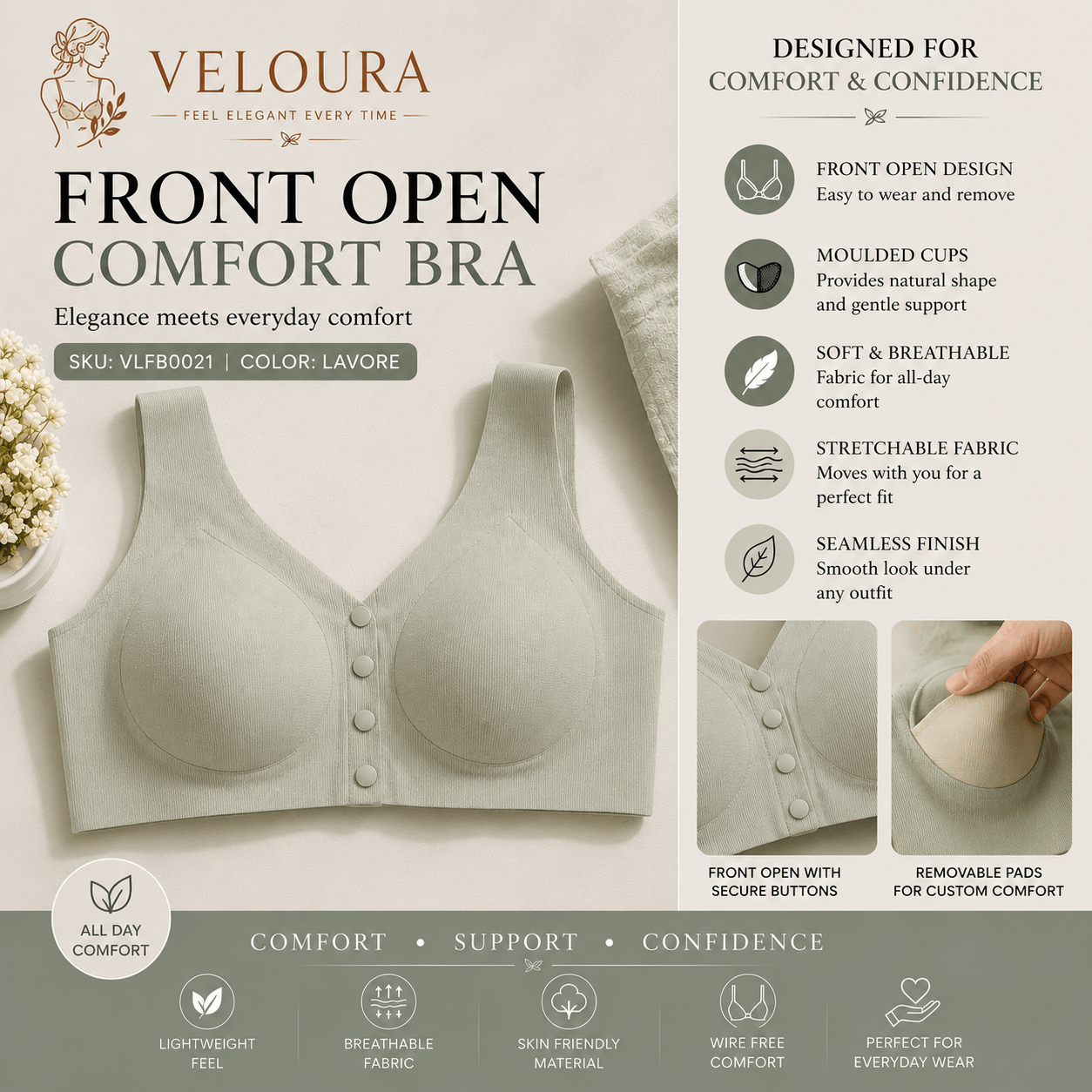 Veloura Front Open Bra – Lavore| Seamless Everyday Support & Ultra Soft Fit - VELOURA