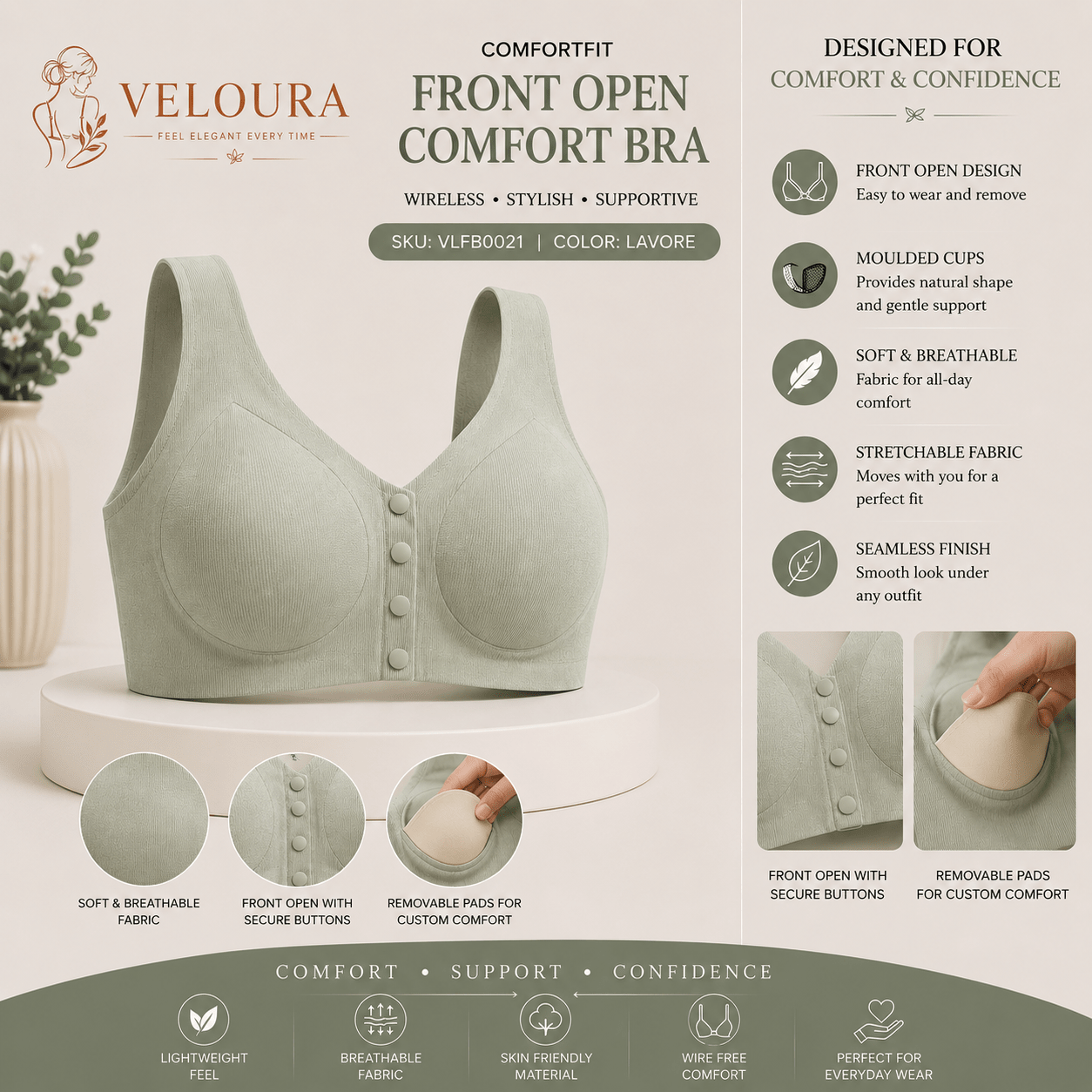 Veloura Front Open Bra – Lavore| Seamless Everyday Support & Ultra Soft Fit - VELOURA