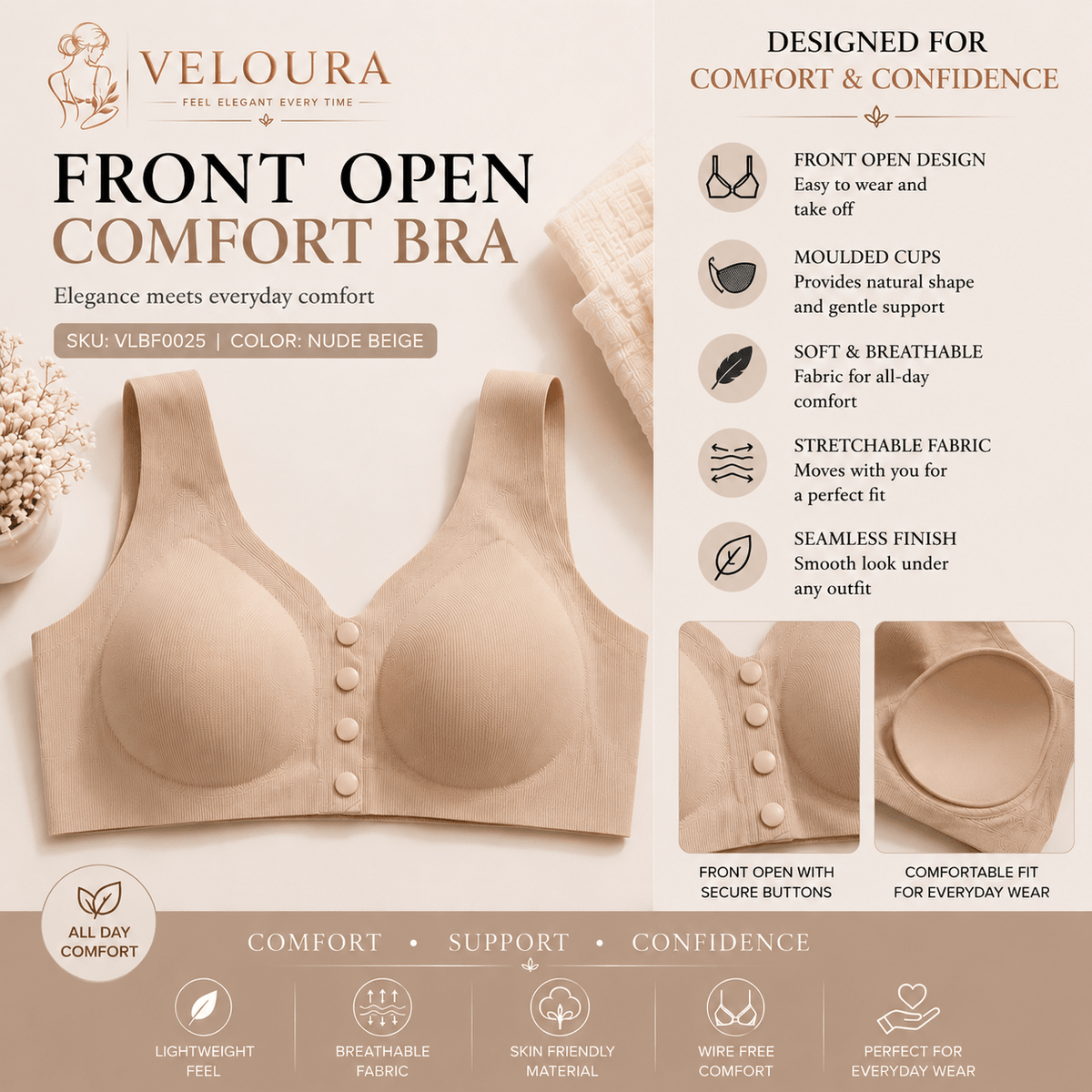 Veloura Front Open Bra – Nude Beige| Seamless Everyday Support & Ultra Soft Fit - VELOURA