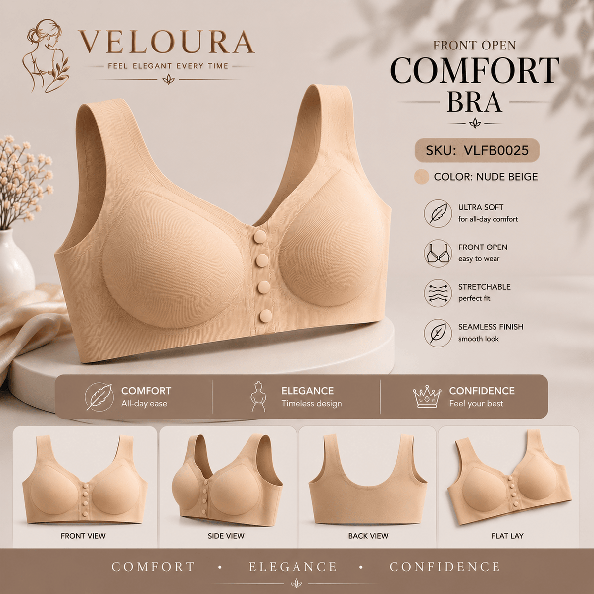 Veloura Front Open Bra – Nude Beige| Seamless Everyday Support & Ultra Soft Fit - VELOURA