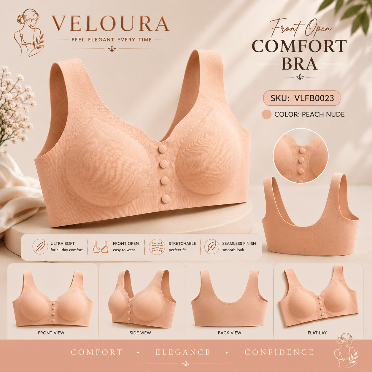 Veloura Front Open Bra – Peach Nude| Seamless Everyday Support & Ultra Soft Fit - VELOURA