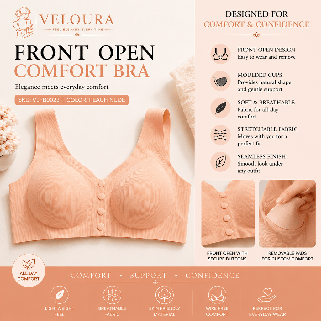 Veloura Front Open Bra – Peach Nude| Seamless Everyday Support & Ultra Soft Fit - VELOURA