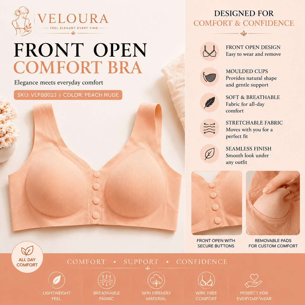 Veloura Front Open Bra – Peach Nude| Seamless Everyday Support & Ultra Soft Fit - VELOURA