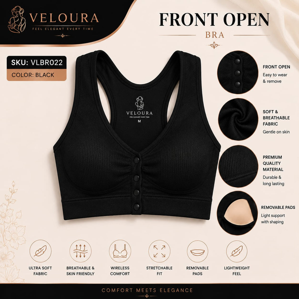 Veloura Front Open Comfort Bra – Black | Padded Everyday Bra - VELOURA