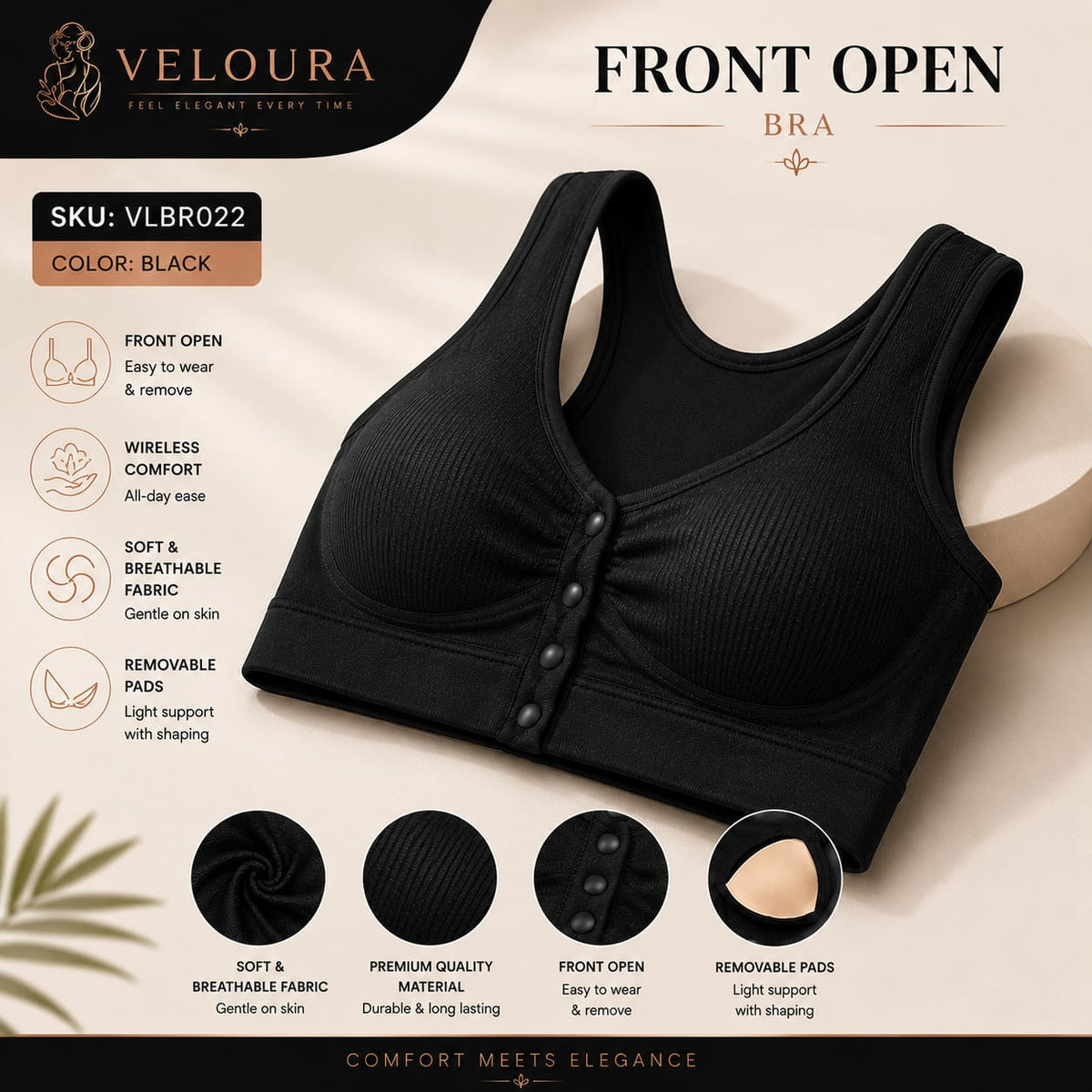 Veloura Front Open Comfort Bra – Black | Padded Everyday Bra - VELOURA