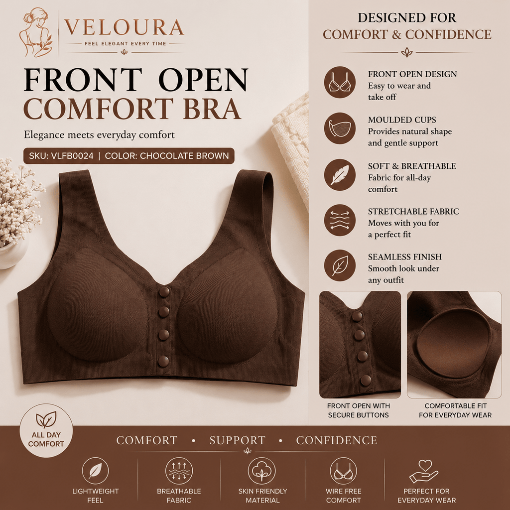 Veloura Front Open Comfort Bra – Chocolate Brown | Breathable & Seamless Everyday Bra for Comfort, Confidence & Elegance - VELOURA