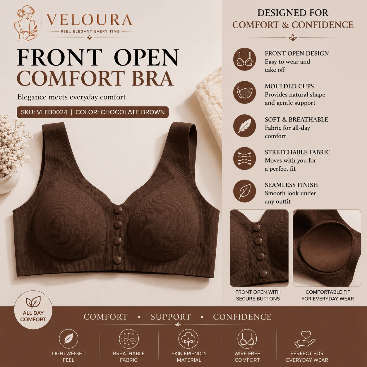 Veloura Front Open Comfort Bra – Chocolate Brown | Breathable & Seamless Everyday Bra for Comfort, Confidence & Elegance - VELOURA