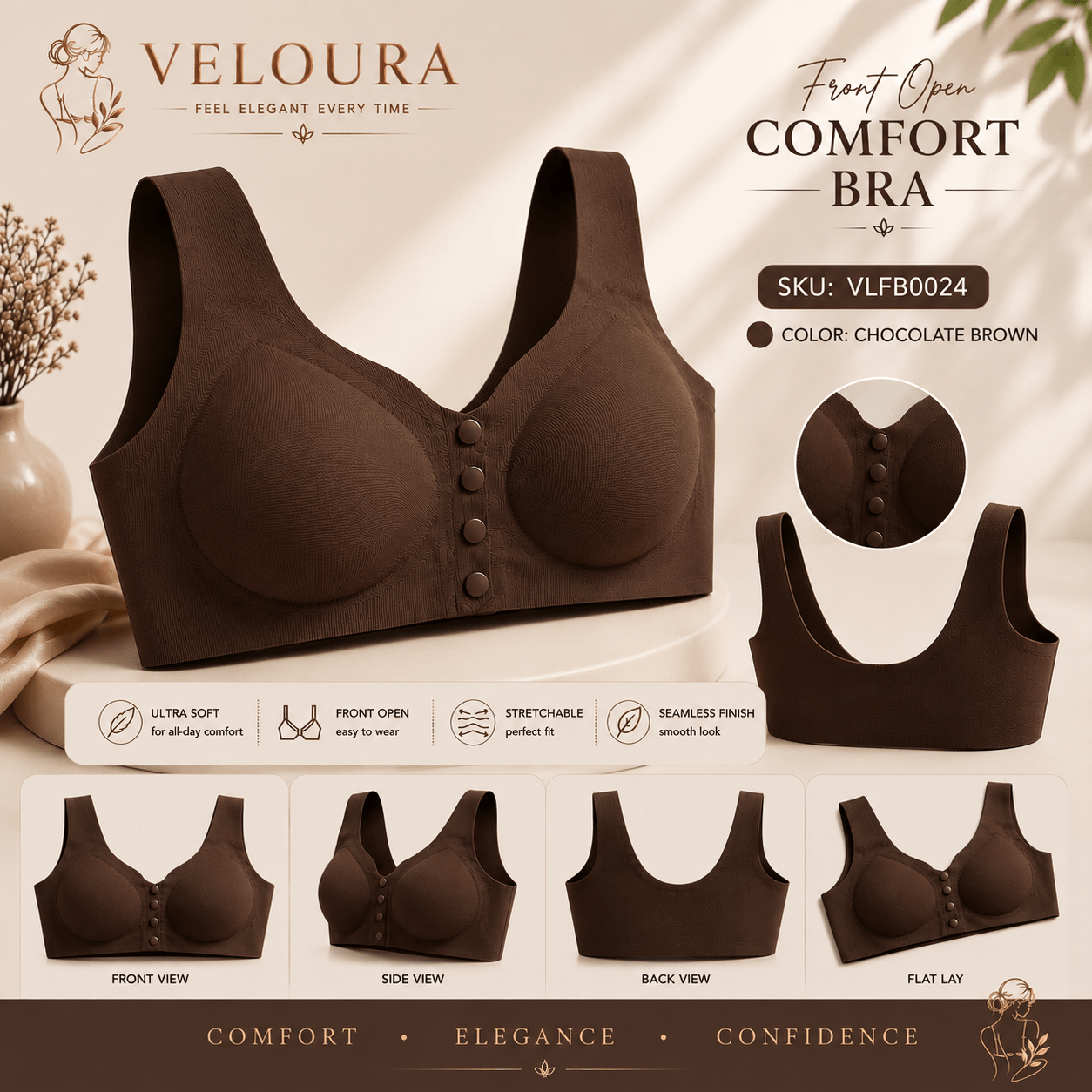 Veloura Front Open Comfort Bra – Chocolate Brown | Breathable & Seamless Everyday Bra for Comfort, Confidence & Elegance - VELOURA