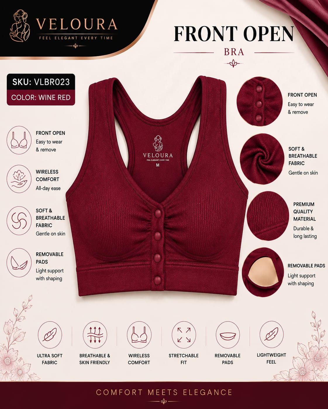 Veloura Front Open Comfort Bra – Wireless Padded Everyday Bra | Wine Red | - VELOURA