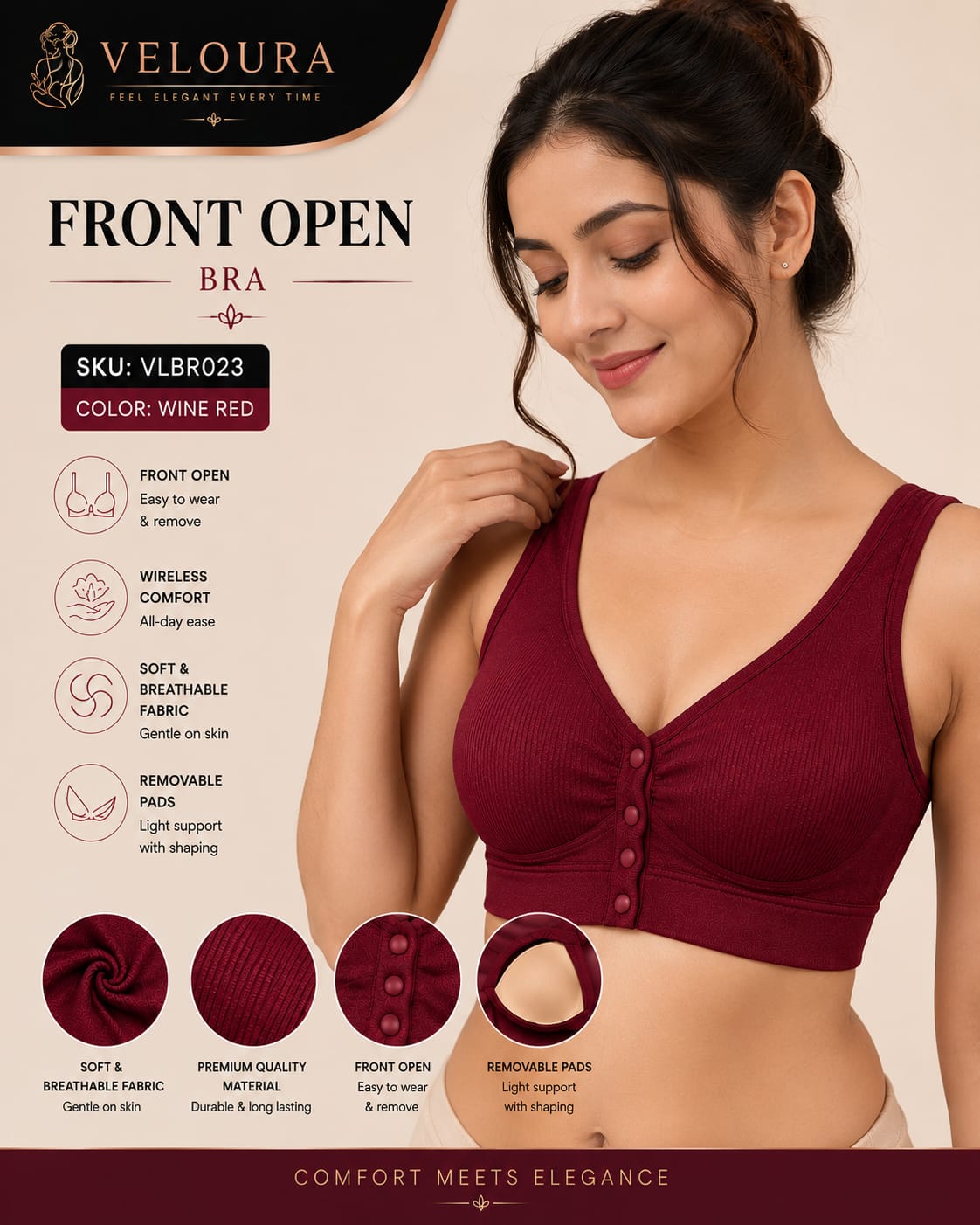 Veloura Front Open Comfort Bra – Wireless Padded Everyday Bra | Wine Red | - VELOURA