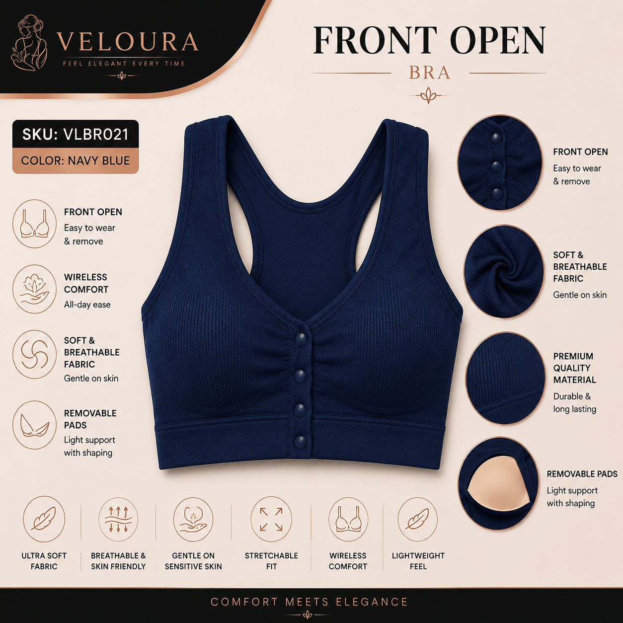 Veloura Front Open Cross Back Bra – Comfort, Elegance & Confidence | Padded Bra - VELOURA