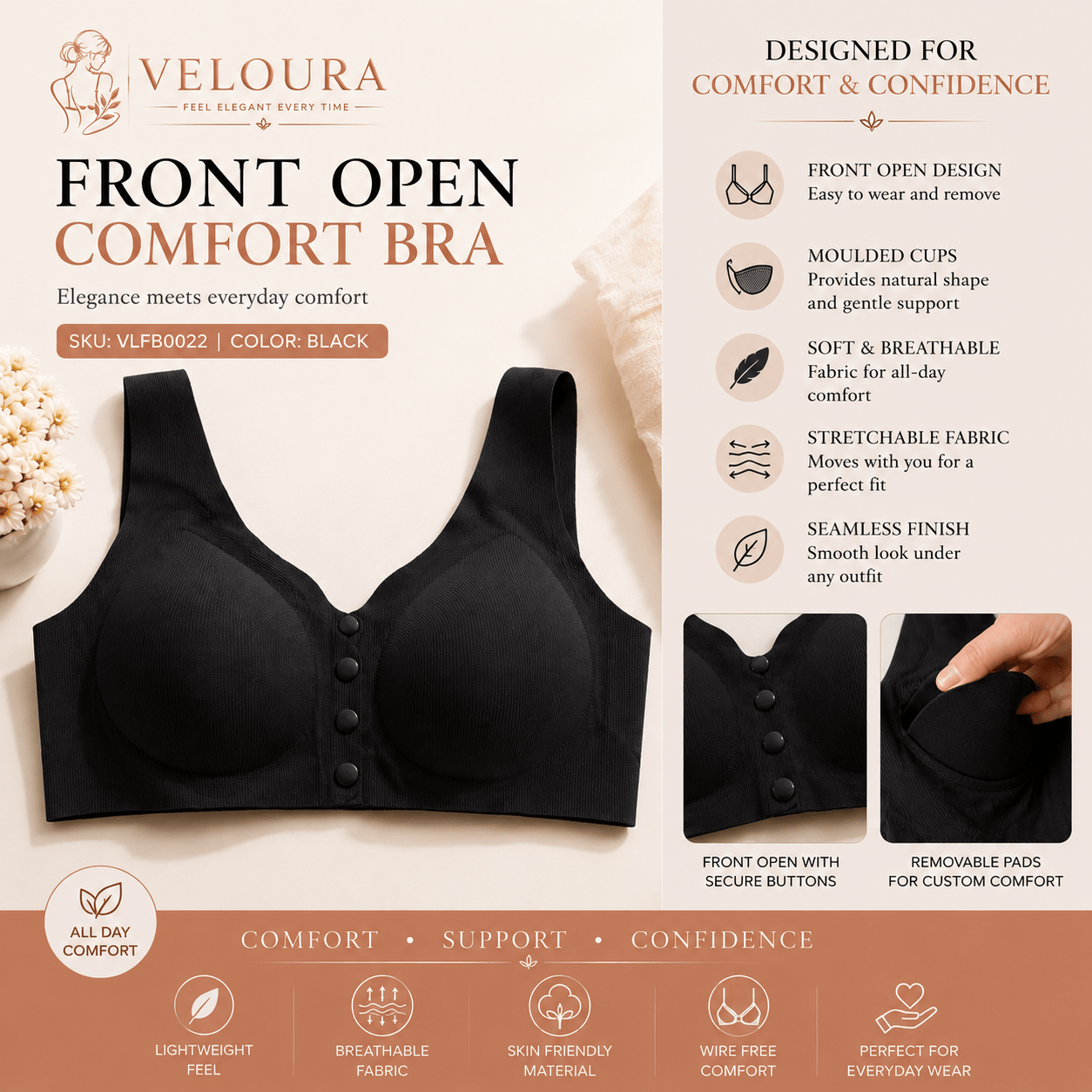 Veloura Front Open Seamless Bra – Black| Seamless Everyday Support - VELOURA