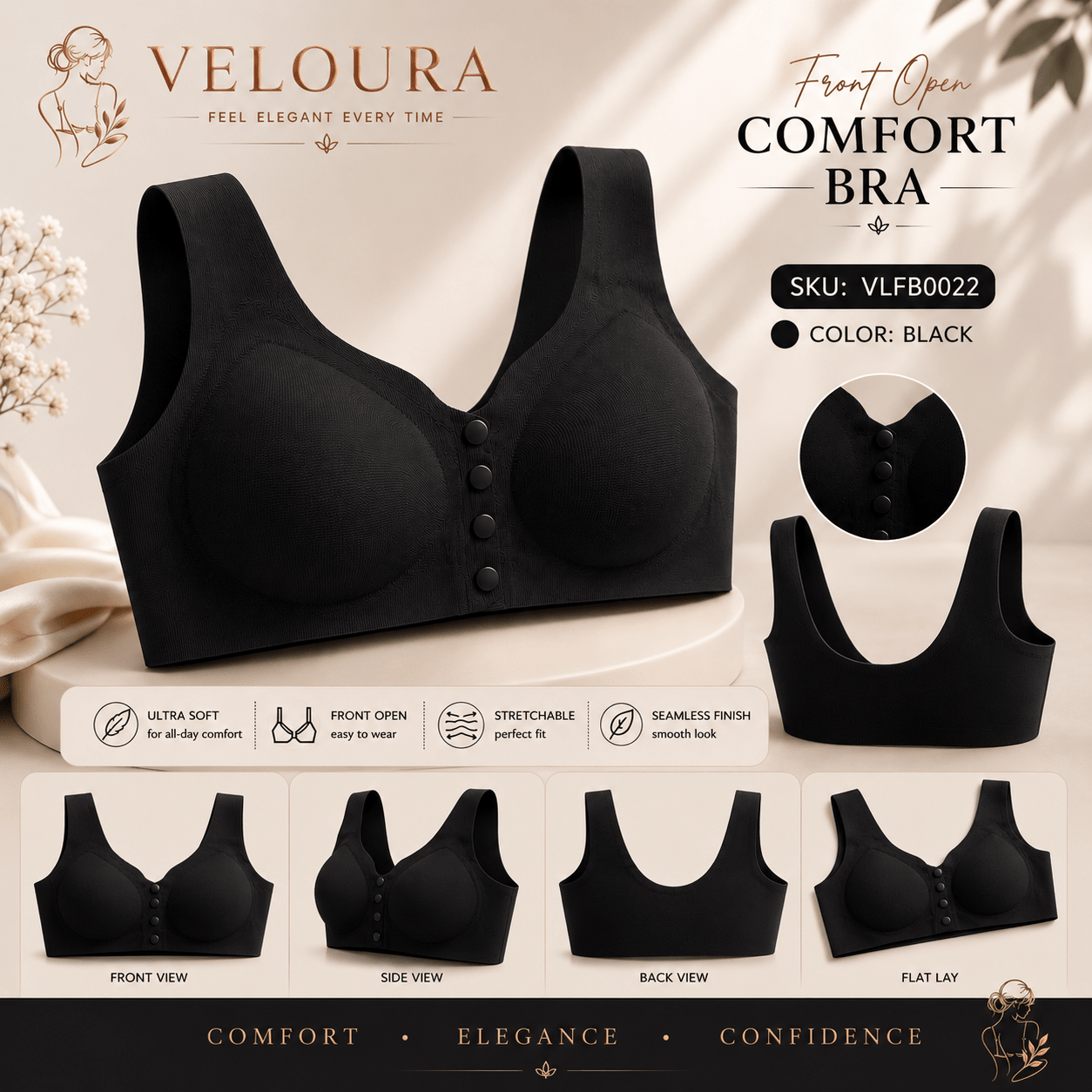 Veloura Front Open Seamless Bra – Black| Seamless Everyday Support - VELOURA