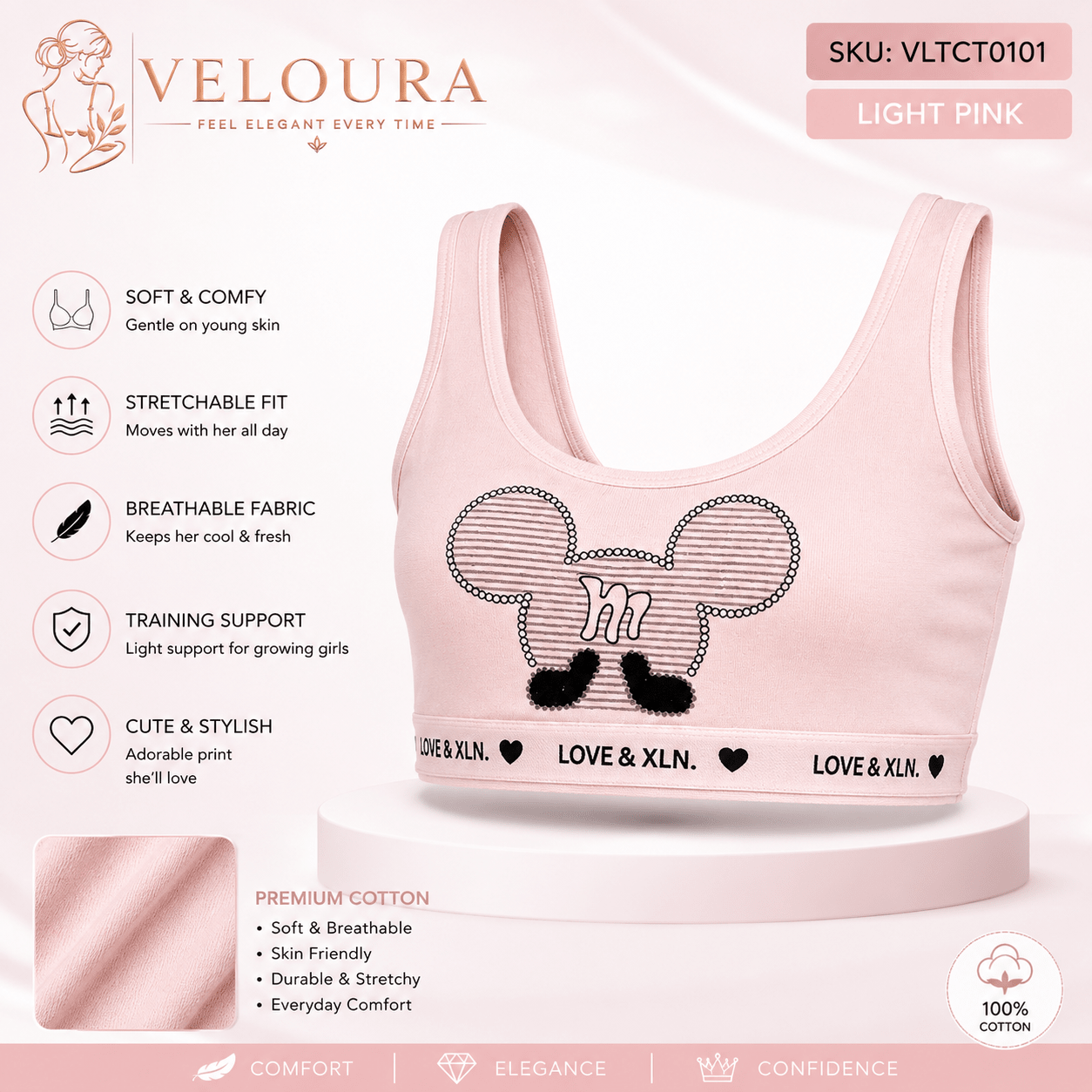 VELOURA Girls Premium Cotton Training Bra | Soft Breathable Kids Crop Top | Light Pink - VELOURA