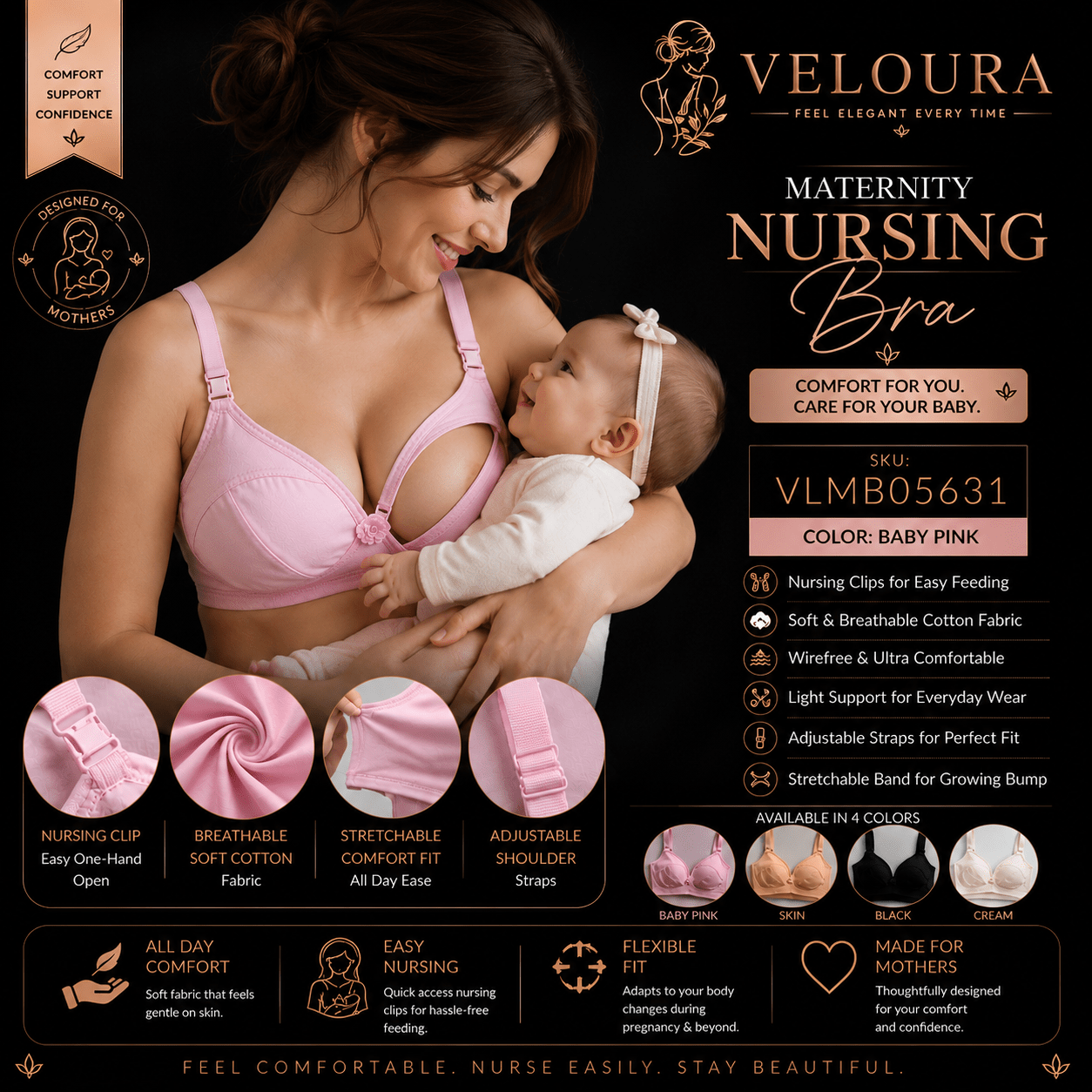 Veloura Maternity Nursing Bra – Baby Pink | Wire-Free Soft Cotton Feeding Bra | Clip-Down Breastfeeding Bra | Adjustable Straps - VELOURA