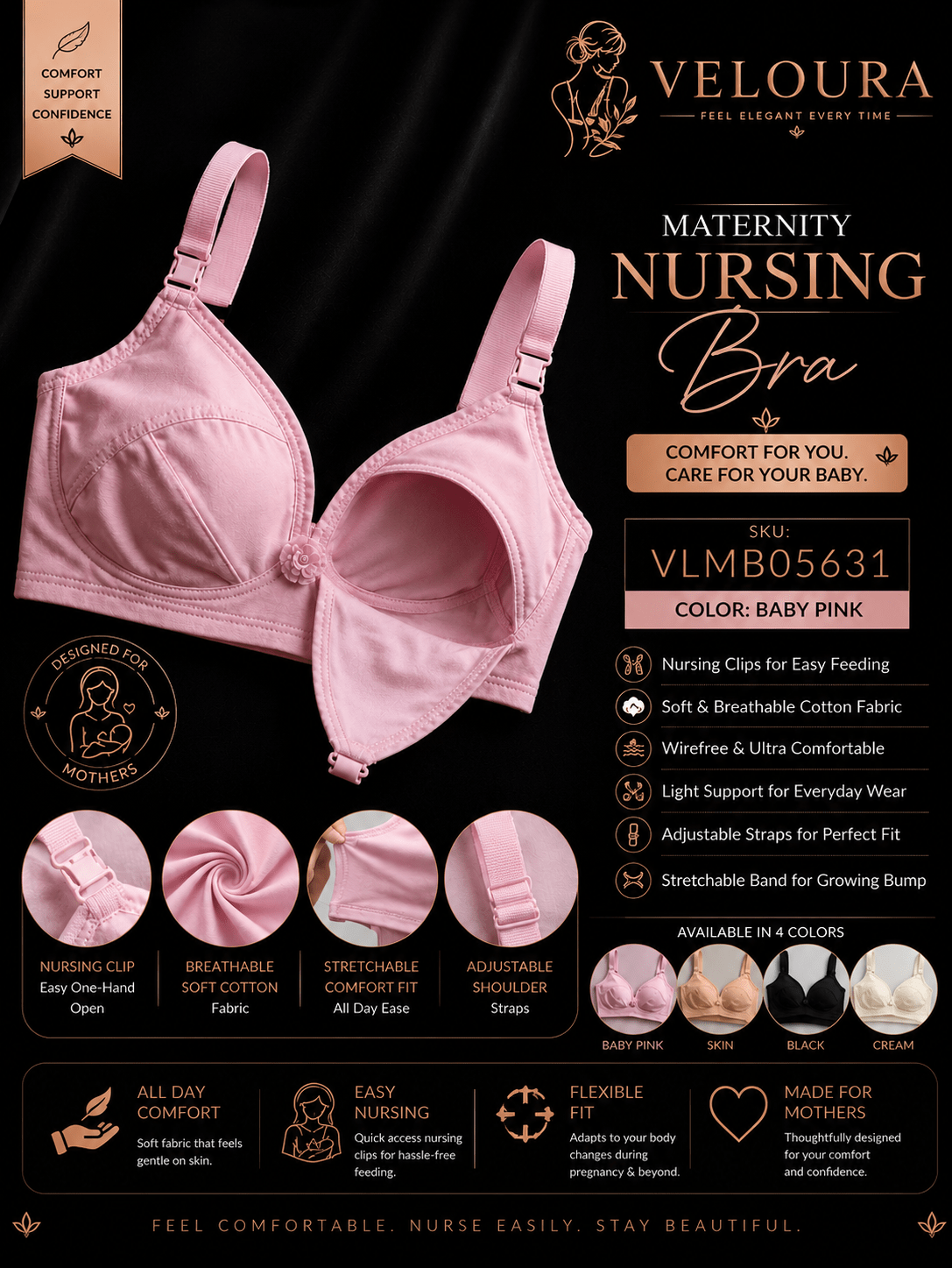 Veloura Maternity Nursing Bra – Baby Pink | Wire-Free Soft Cotton Feeding Bra | Clip-Down Breastfeeding Bra | Adjustable Straps - VELOURA