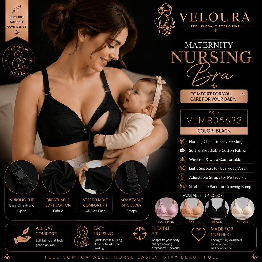 Veloura Maternity Nursing Bra – Black | Wire-Free Soft Cotton Breastfeeding Bra | Clip-Down Feeding Bra | Adjustable Straps - VELOURA