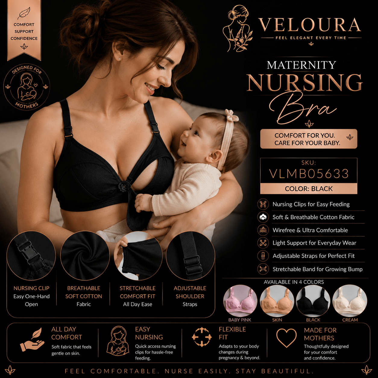 Veloura Maternity Nursing Bra – Black | Wire-Free Soft Cotton Breastfeeding Bra | Clip-Down Feeding Bra | Adjustable Straps - VELOURA