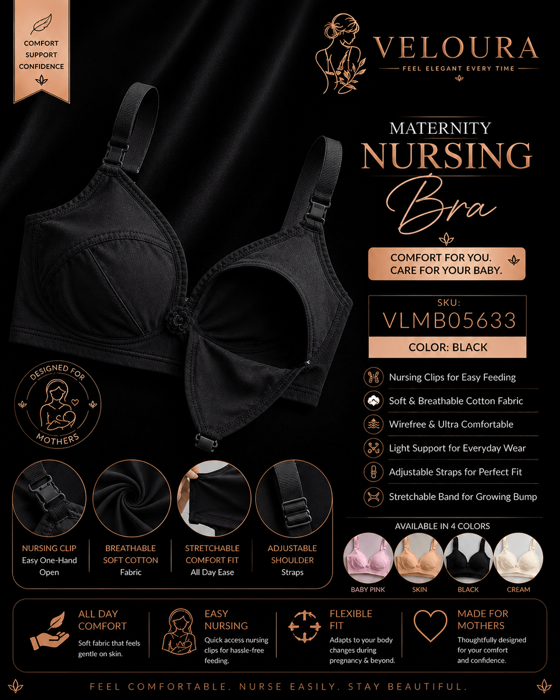 Veloura Maternity Nursing Bra – Black | Wire-Free Soft Cotton Breastfeeding Bra | Clip-Down Feeding Bra | Adjustable Straps - VELOURA