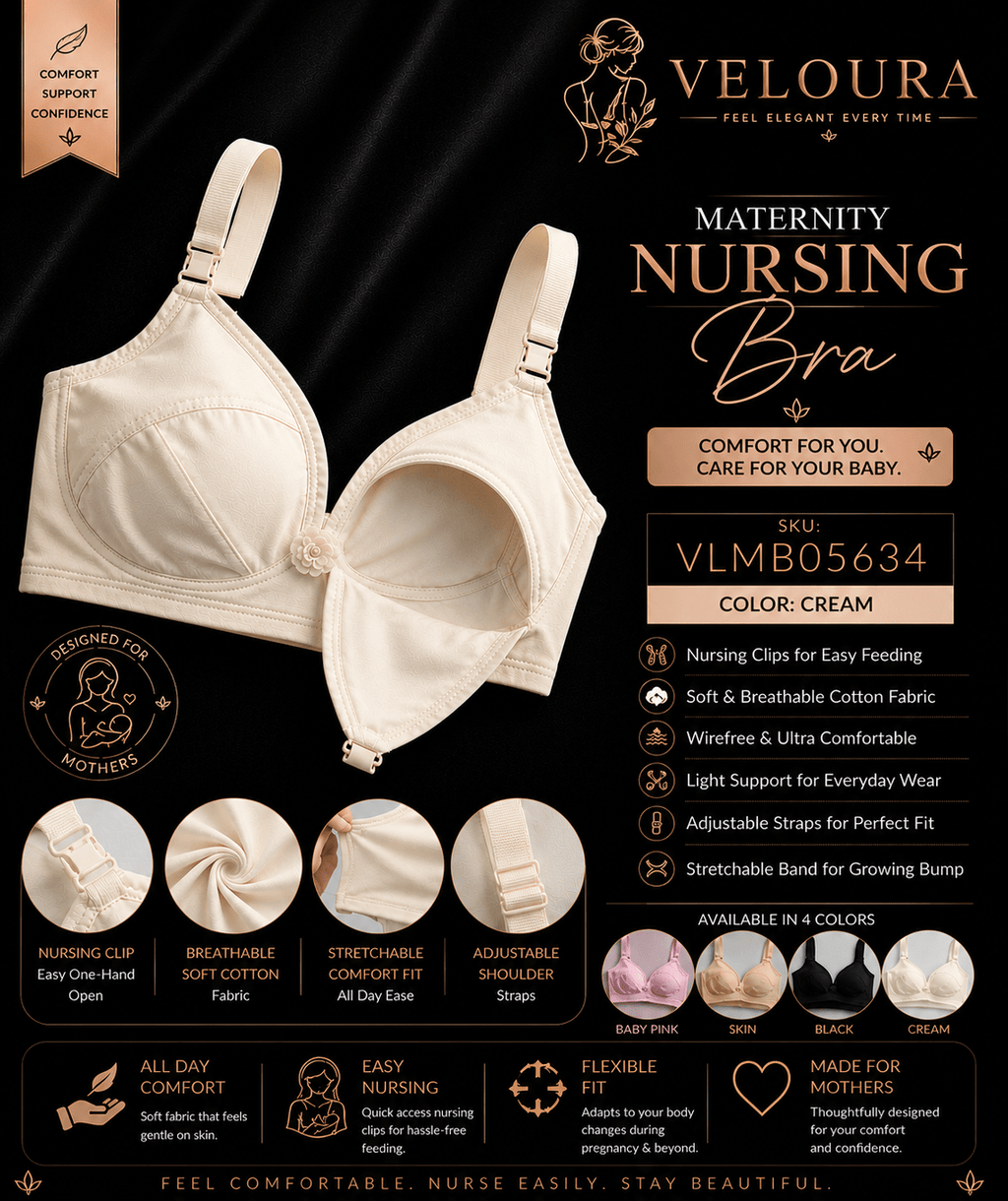 Veloura Maternity Nursing Bra – Cream | Wire-Free Soft Cotton Breastfeeding Bra | Clip-Down Feeding Bra | Adjustable Support - VELOURA