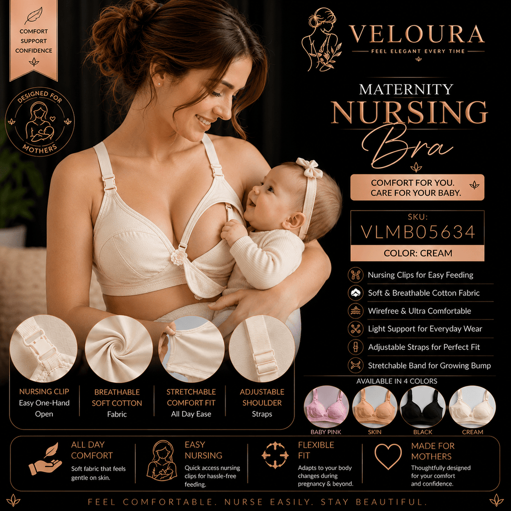 Veloura Maternity Nursing Bra – Cream | Wire-Free Soft Cotton Breastfeeding Bra | Clip-Down Feeding Bra | Adjustable Support - VELOURA