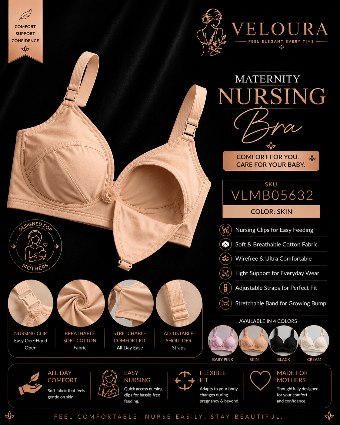 Veloura Maternity Nursing Bra – Skin | Wire-Free Soft Cotton Feeding Bra | Clip-Down Breastfeeding Bra | Adjustable Straps - VELOURA