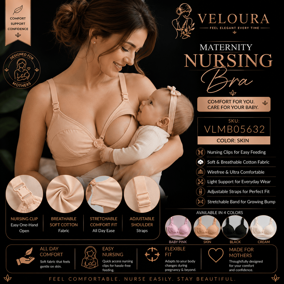 Veloura Maternity Nursing Bra – Skin | Wire-Free Soft Cotton Feeding Bra | Clip-Down Breastfeeding Bra | Adjustable Straps - VELOURA