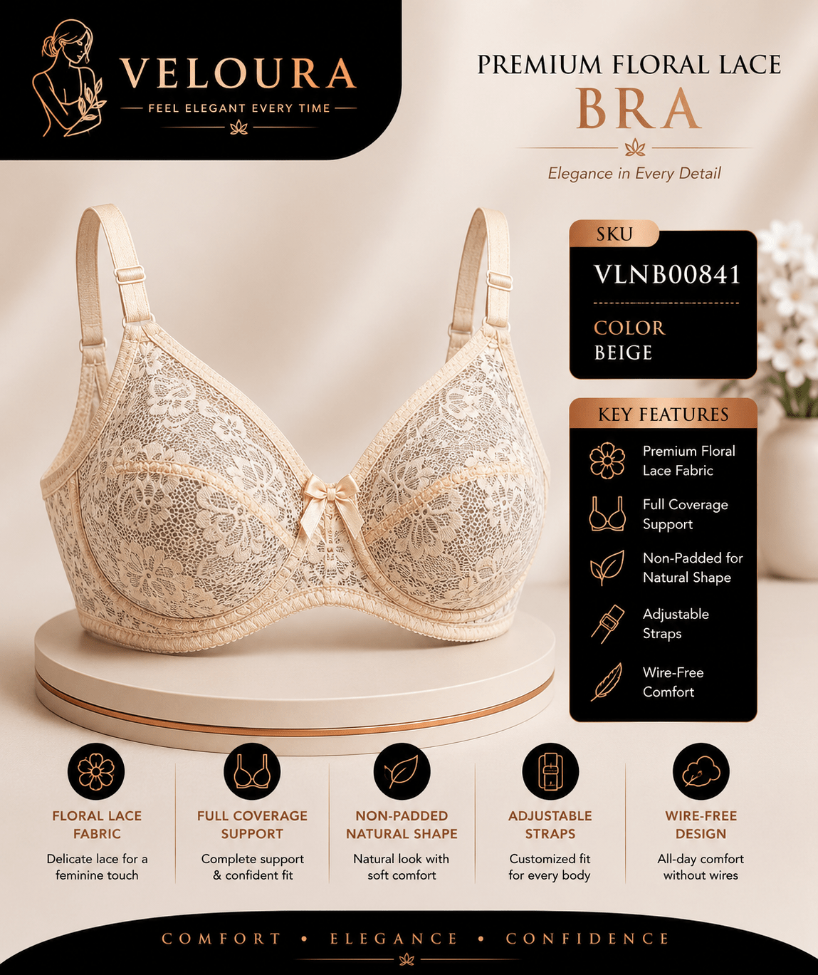 Veloura Premium Floral Lace Bra – Beige | Full Coverage Non-Padded Wire-Free Bra | Soft Lace Everyday Comfort | Adjustable Straps - VELOURA