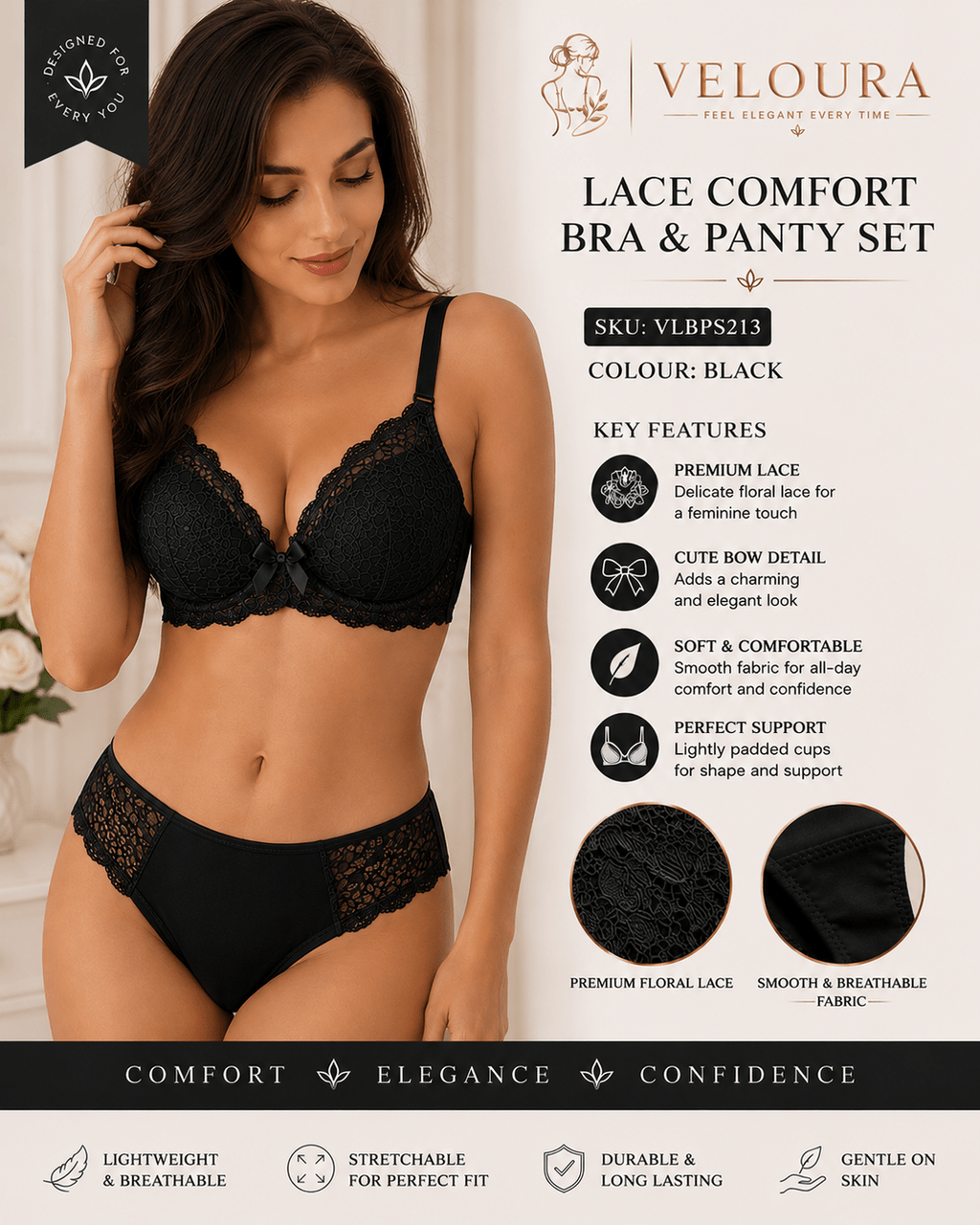 Veloura Premium Lace Bra & Panty Set – Black | Soft Padded Underwired Lingerie for Comfort, Elegance & Confidence - VELOURA