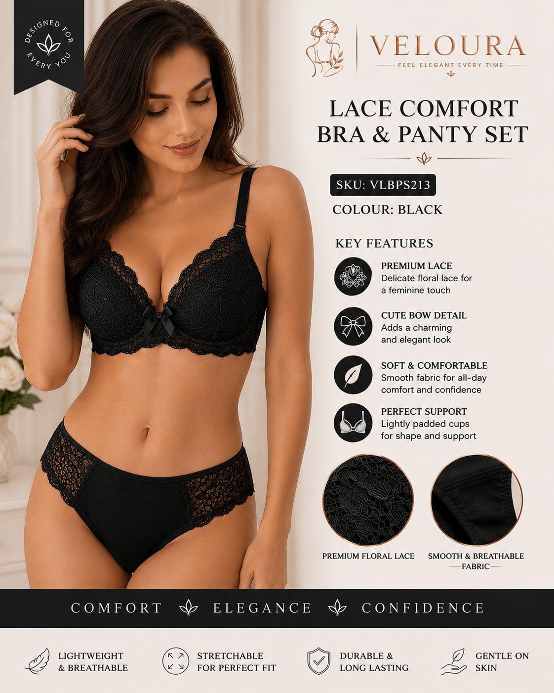 Veloura Premium Lace Bra & Panty Set – Black | Soft Padded Underwired Lingerie for Comfort, Elegance & Confidence - VELOURA