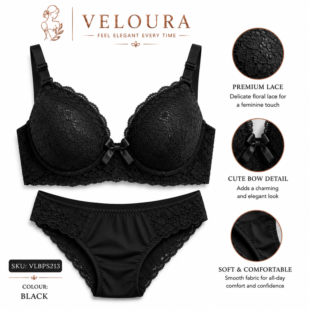 Veloura Premium Lace Bra & Panty Set – Black | Soft Padded Underwired Lingerie for Comfort, Elegance & Confidence - VELOURA