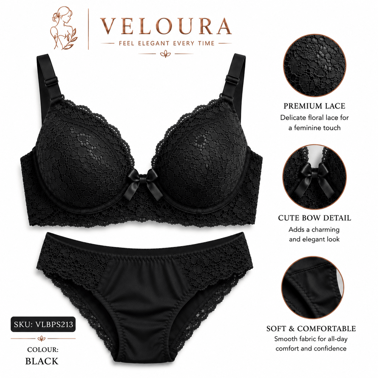 Veloura Premium Lace Bra & Panty Set – Black | Soft Padded Underwired Lingerie for Comfort, Elegance & Confidence - VELOURA
