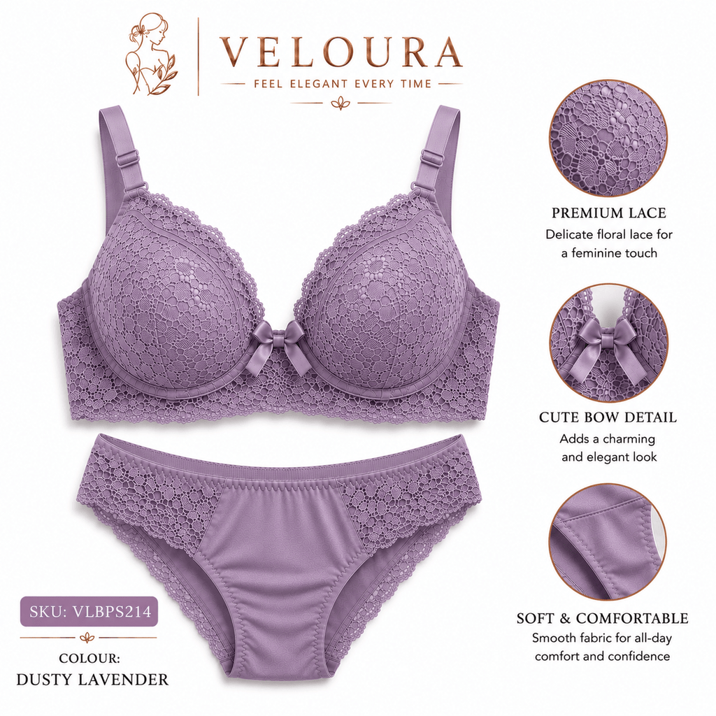 Veloura Premium Lace Bra & Panty Set – Dusty Lavender | Soft Padded Underwired Lingerie for Comfort, Elegance & Confidence - VELOURA