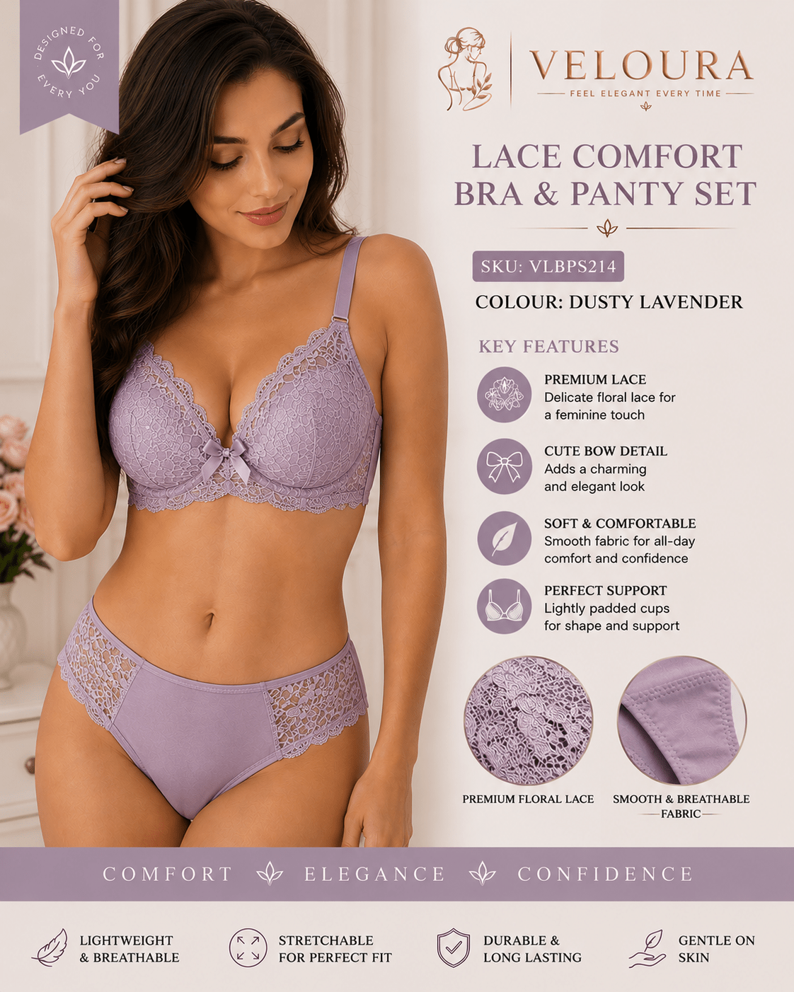 Veloura Premium Lace Bra & Panty Set – Dusty Lavender | Soft Padded Underwired Lingerie for Comfort, Elegance & Confidence - VELOURA