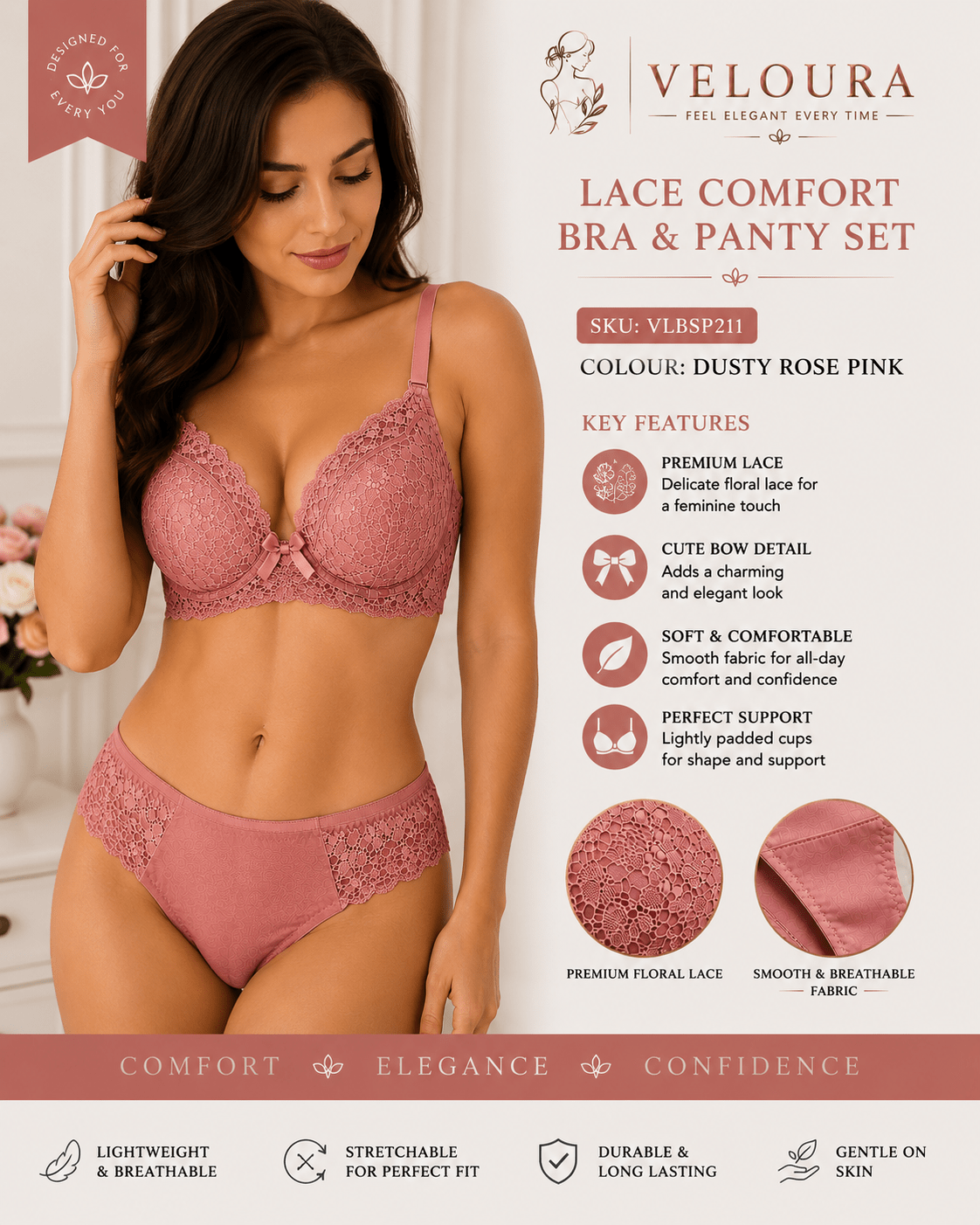 Veloura Premium Lace Bra & Panty Set – Dusty Rose Pink | Soft Padded Underwired Lingerie for Comfort, Elegance & Confidence - VELOURA