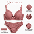 Veloura Premium Lace Bra & Panty Set – Dusty Rose Pink | Soft Padded Underwired Lingerie for Comfort, Elegance & Confidence - VELOURA