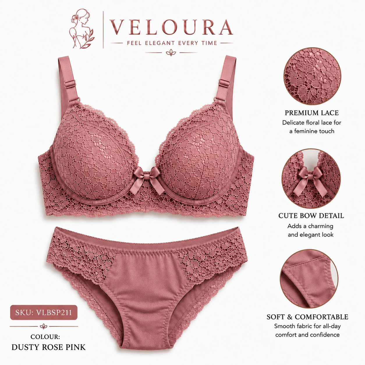 Veloura Premium Lace Bra & Panty Set – Dusty Rose Pink | Soft Padded Underwired Lingerie for Comfort, Elegance & Confidence - VELOURA