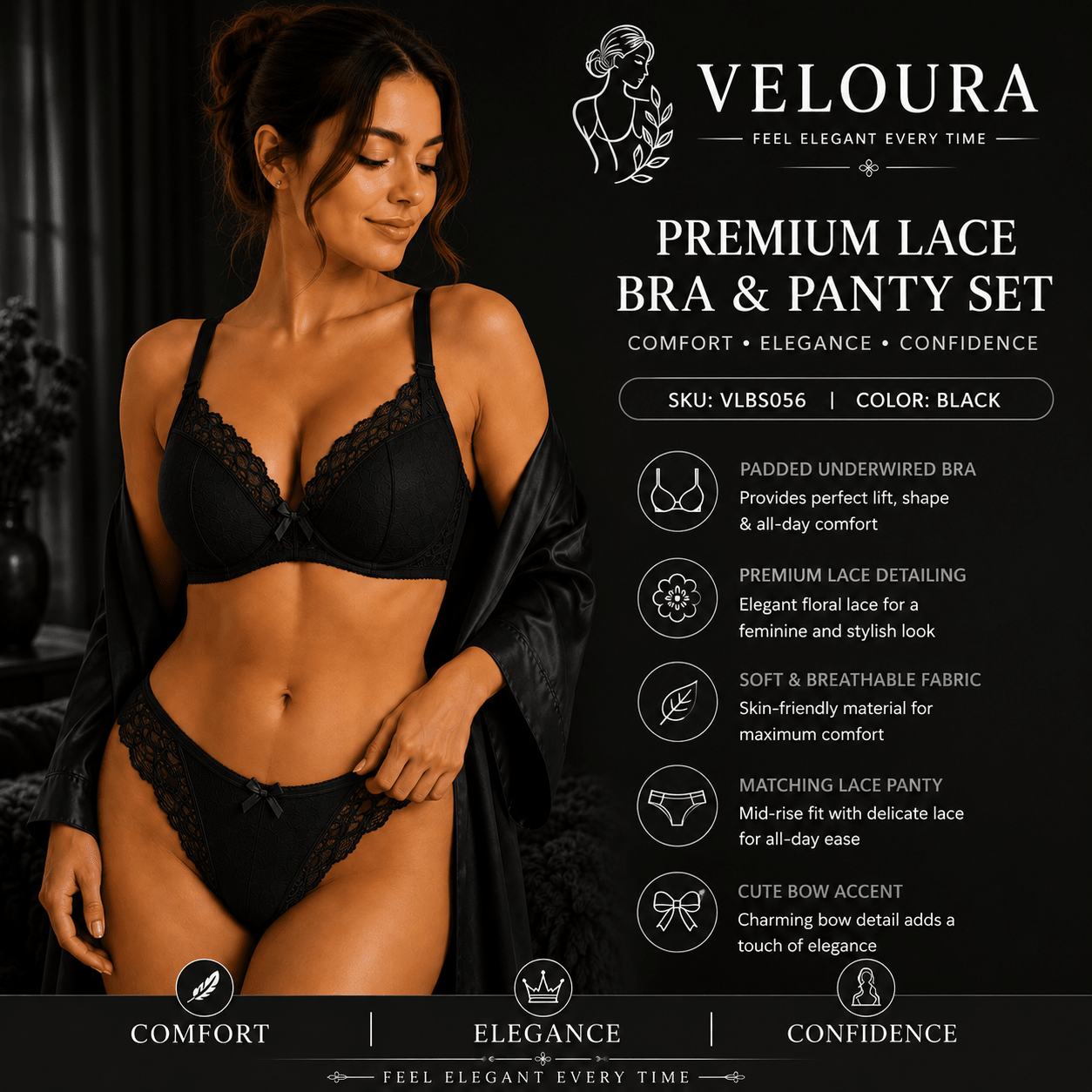 Veloura Premium Lace Bra & Panty Set for Women – Soft Padded Underwired Lingerie | Adjustable Straps | Black - VELOURA