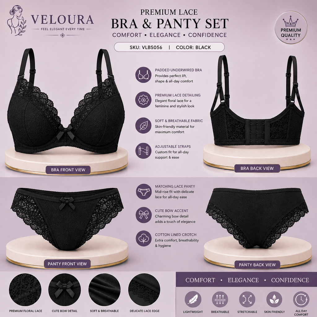 Veloura Premium Lace Bra & Panty Set for Women – Soft Padded Underwired Lingerie | Adjustable Straps | Black - VELOURA