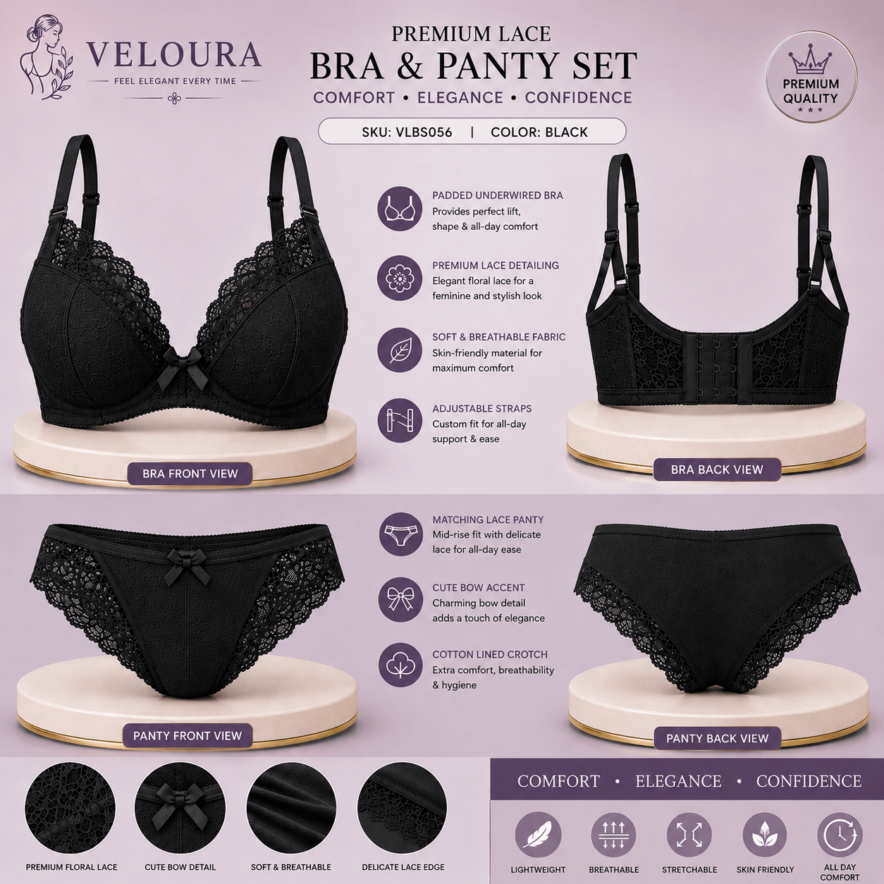 Veloura Premium Lace Bra & Panty Set for Women – Soft Padded Underwired Lingerie | Adjustable Straps | Black - VELOURA