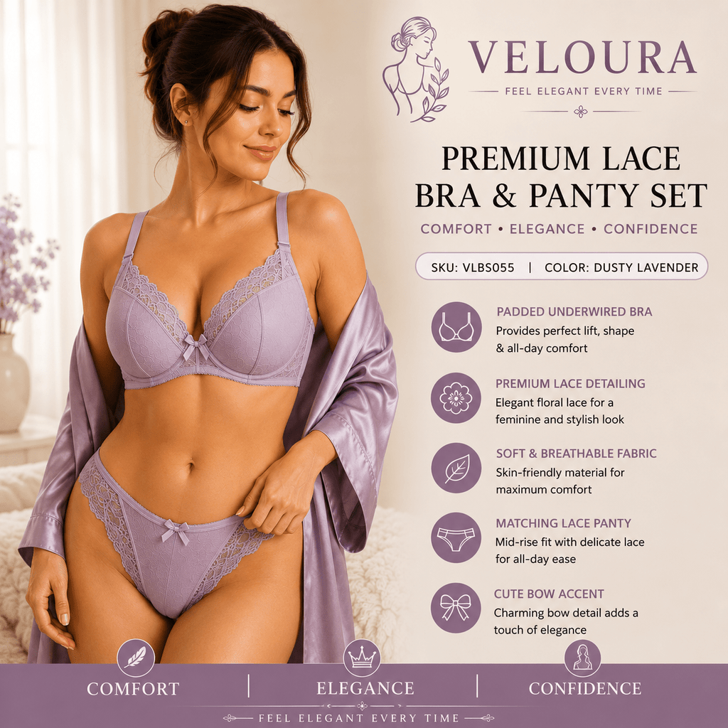Veloura Premium Lace Bra & Panty Set for Women – Soft Padded Underwired Lingerie | Breathable Fabric | Dusty Lavender - VELOURA