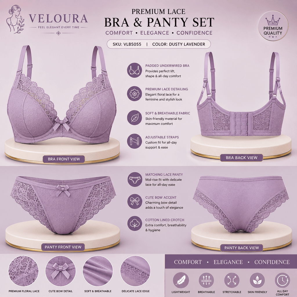 Veloura Premium Lace Bra & Panty Set for Women – Soft Padded Underwired Lingerie | Breathable Fabric | Dusty Lavender - VELOURA
