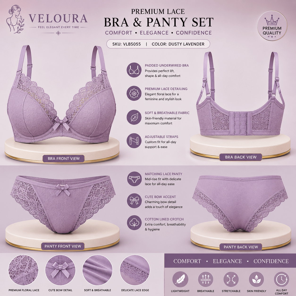 Veloura Premium Lace Bra & Panty Set for Women – Soft Padded Underwired Lingerie | Breathable Fabric | Dusty Lavender - VELOURA