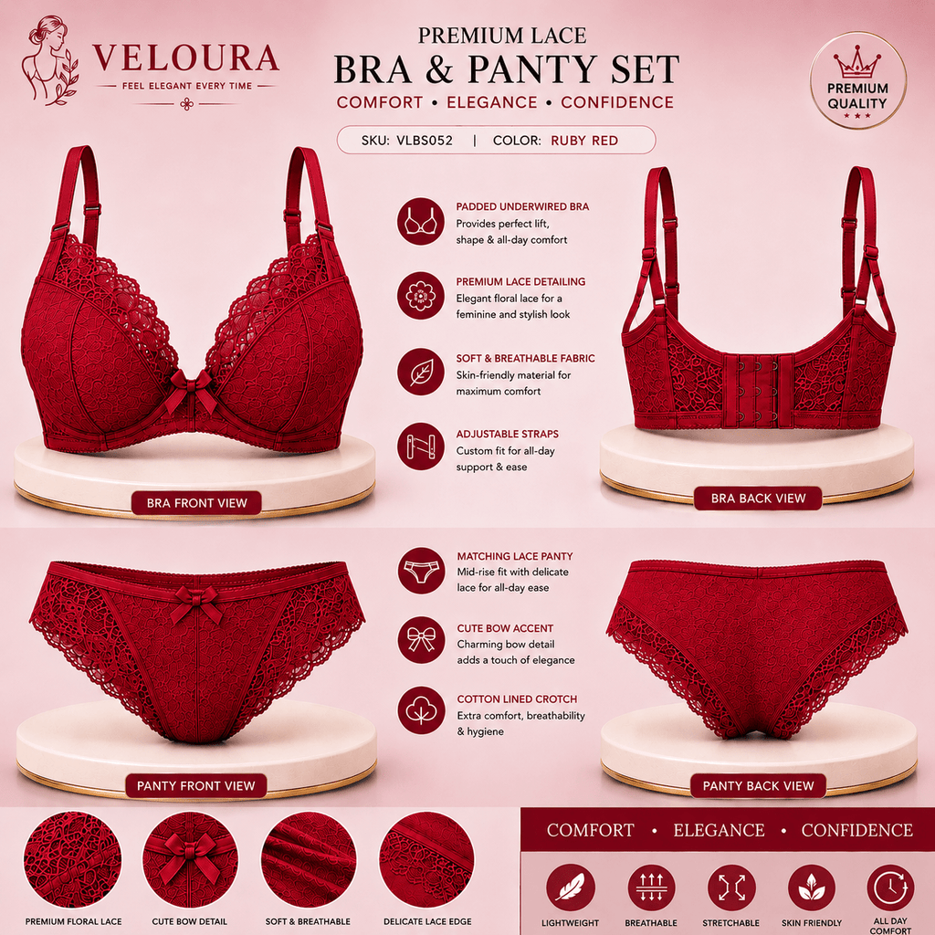 Veloura Premium Lace Bra & Panty Set for Women – Soft Padded Underwired Lingerie | Breathable Fabric | Ruby Red - VELOURA
