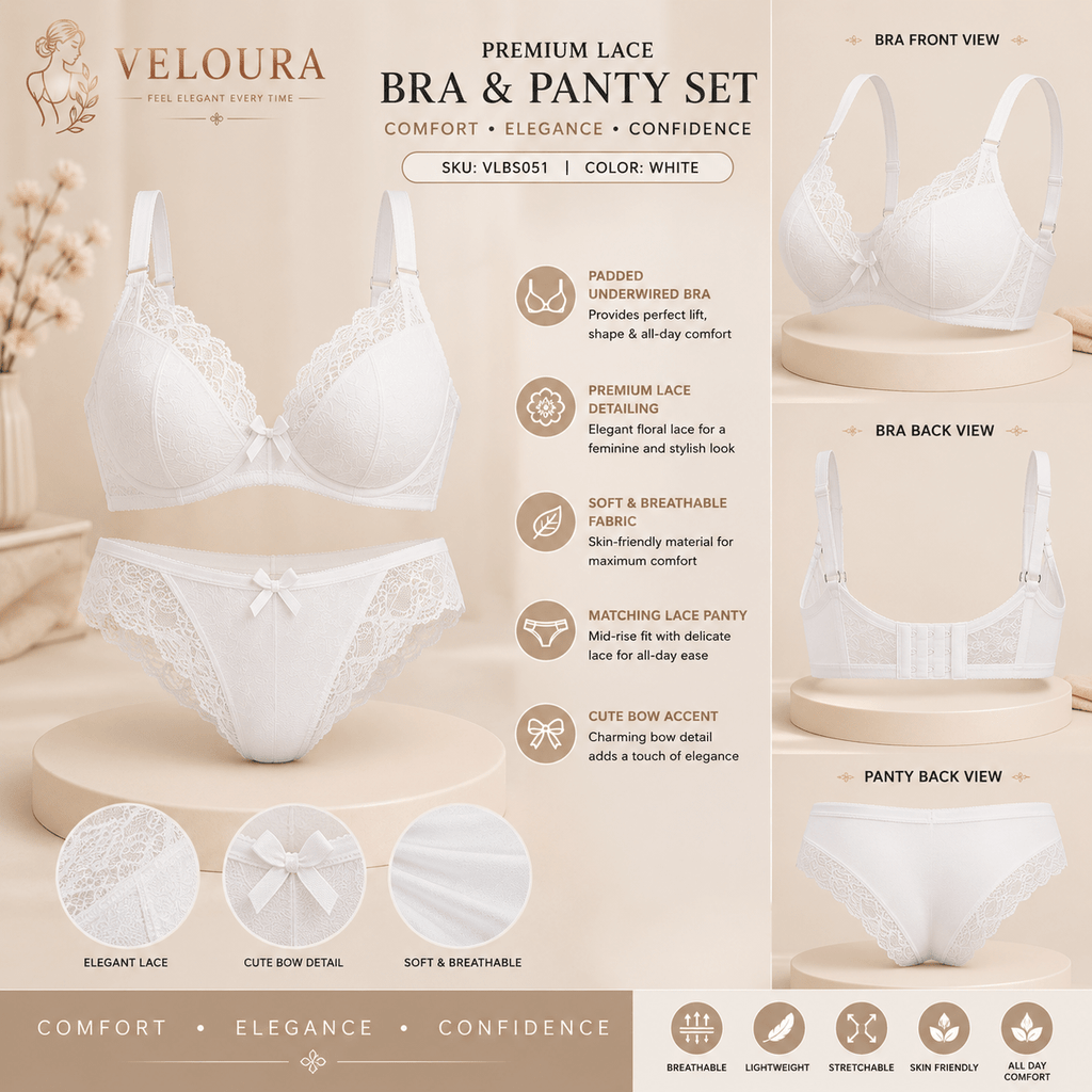 Veloura Premium Lace Bra & Panty Set for Women – Soft Padded Underwired Lingerie | Breathable Fabric | White - VELOURA
