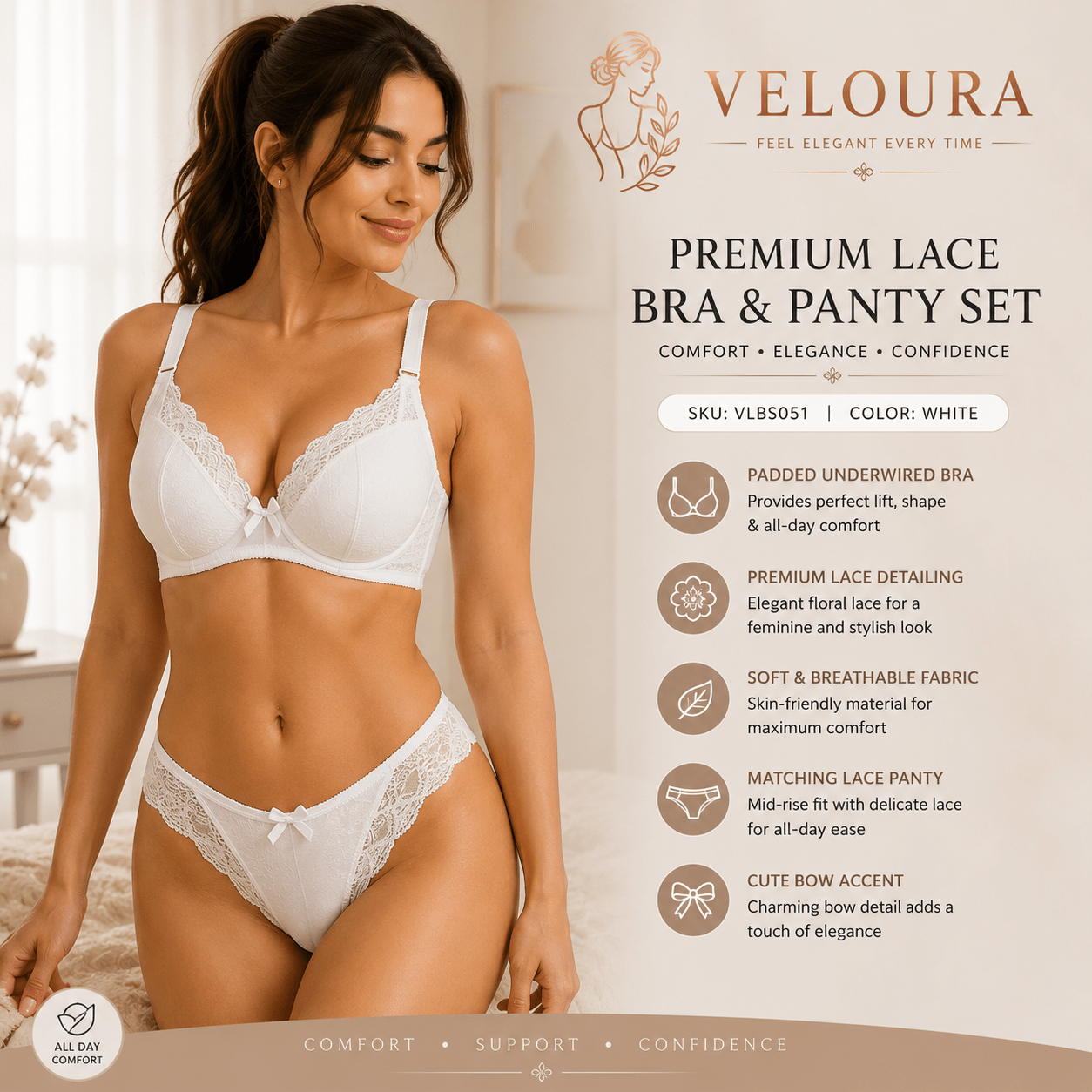 Veloura Premium Lace Bra & Panty Set for Women – Soft Padded Underwired Lingerie | Breathable Fabric | White - VELOURA