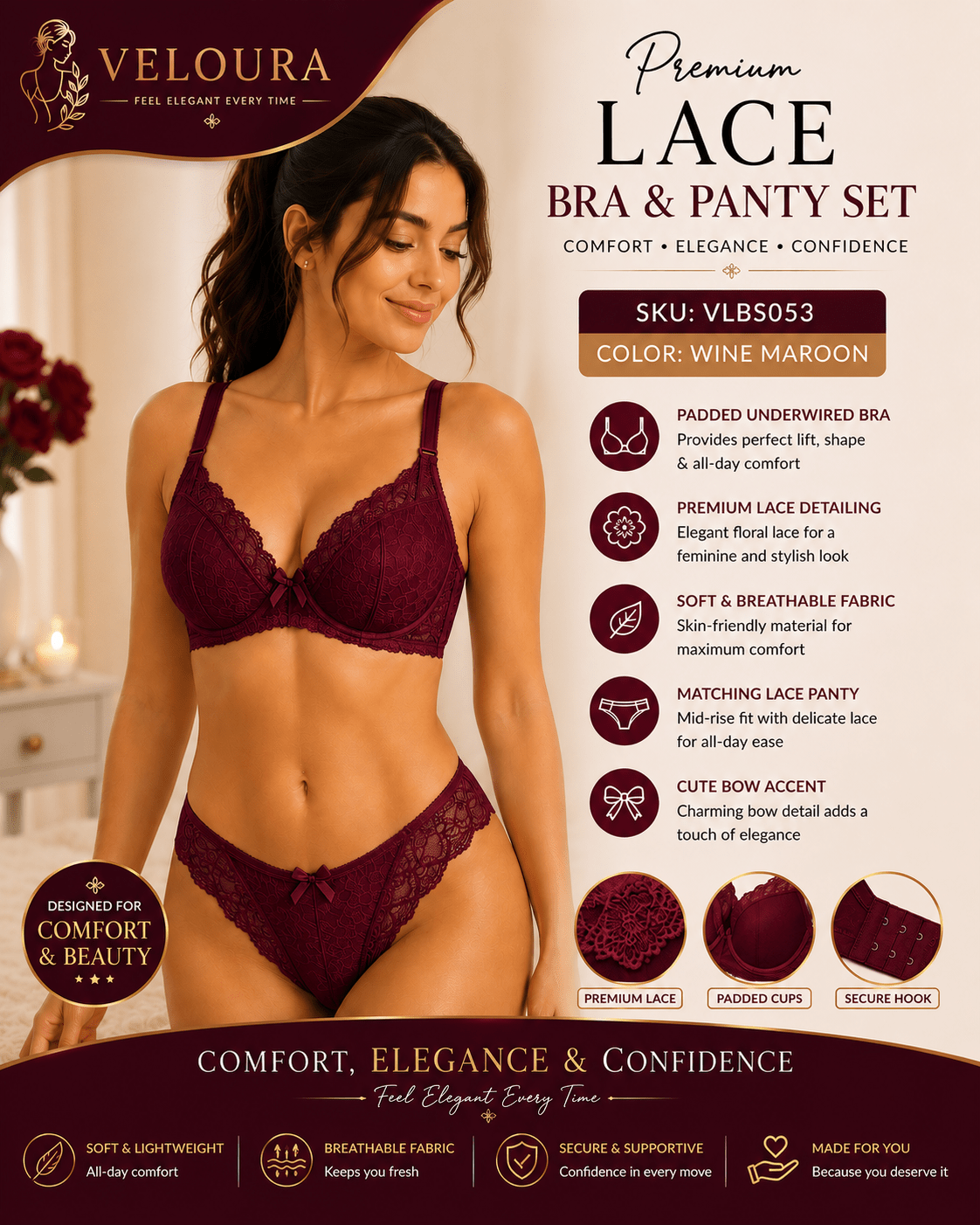 Veloura Premium Lace Bra & Panty Set for Women – Soft Padded Underwired Lingerie | Breathable Fabric | Wine Maroon - VELOURA