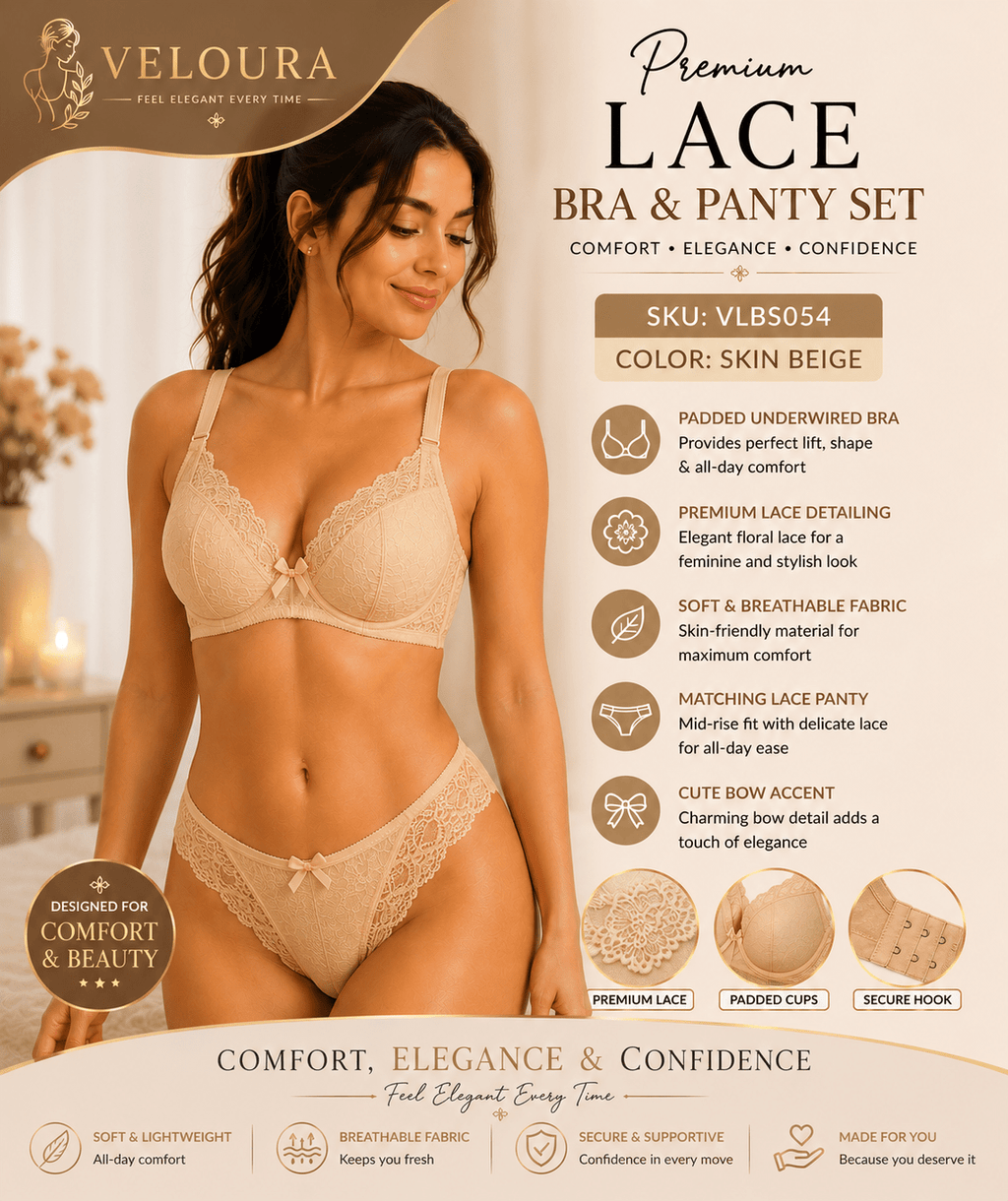 Veloura Premium Lace Bra & Panty Set for Women – Soft Padded Underwired Lingerie Set | Adjustable Straps | Skin Beige - VELOURA