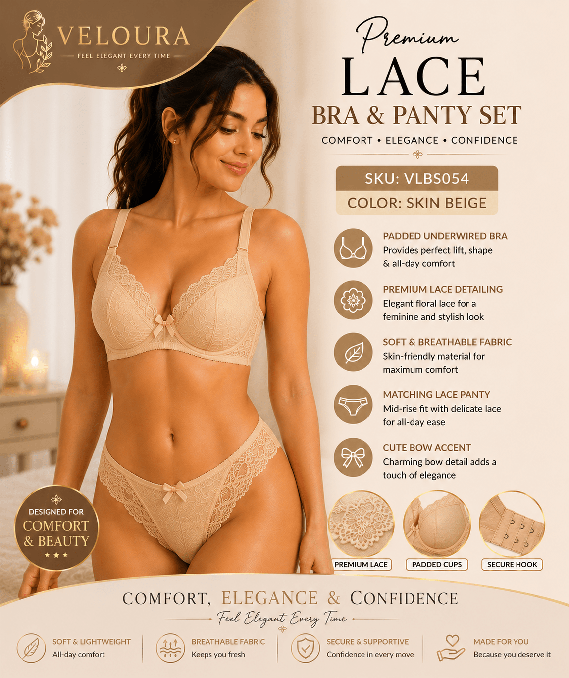 Veloura Premium Lace Bra & Panty Set for Women – Soft Padded Underwired Lingerie Set | Adjustable Straps | Skin Beige - VELOURA